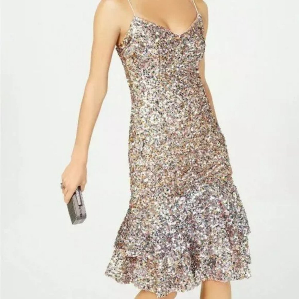Adrianna Papell Silver Sequin Slip Dress